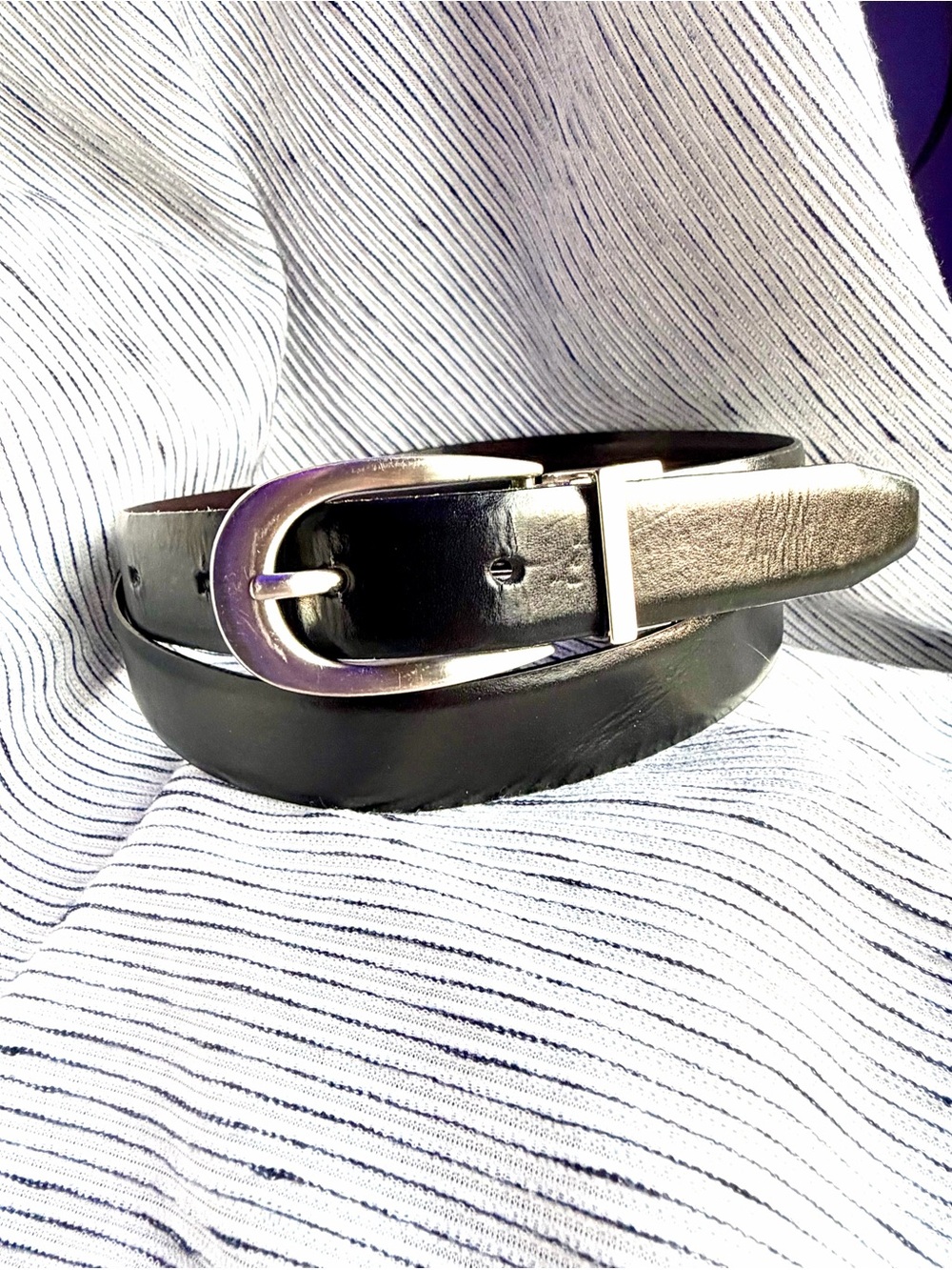Nine West Black Leather Belt with Silver Oval Buckle